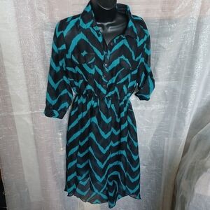 She's Cool sheer high low dress, Black/Torquoise, adjustable sleeve, semi-sheer